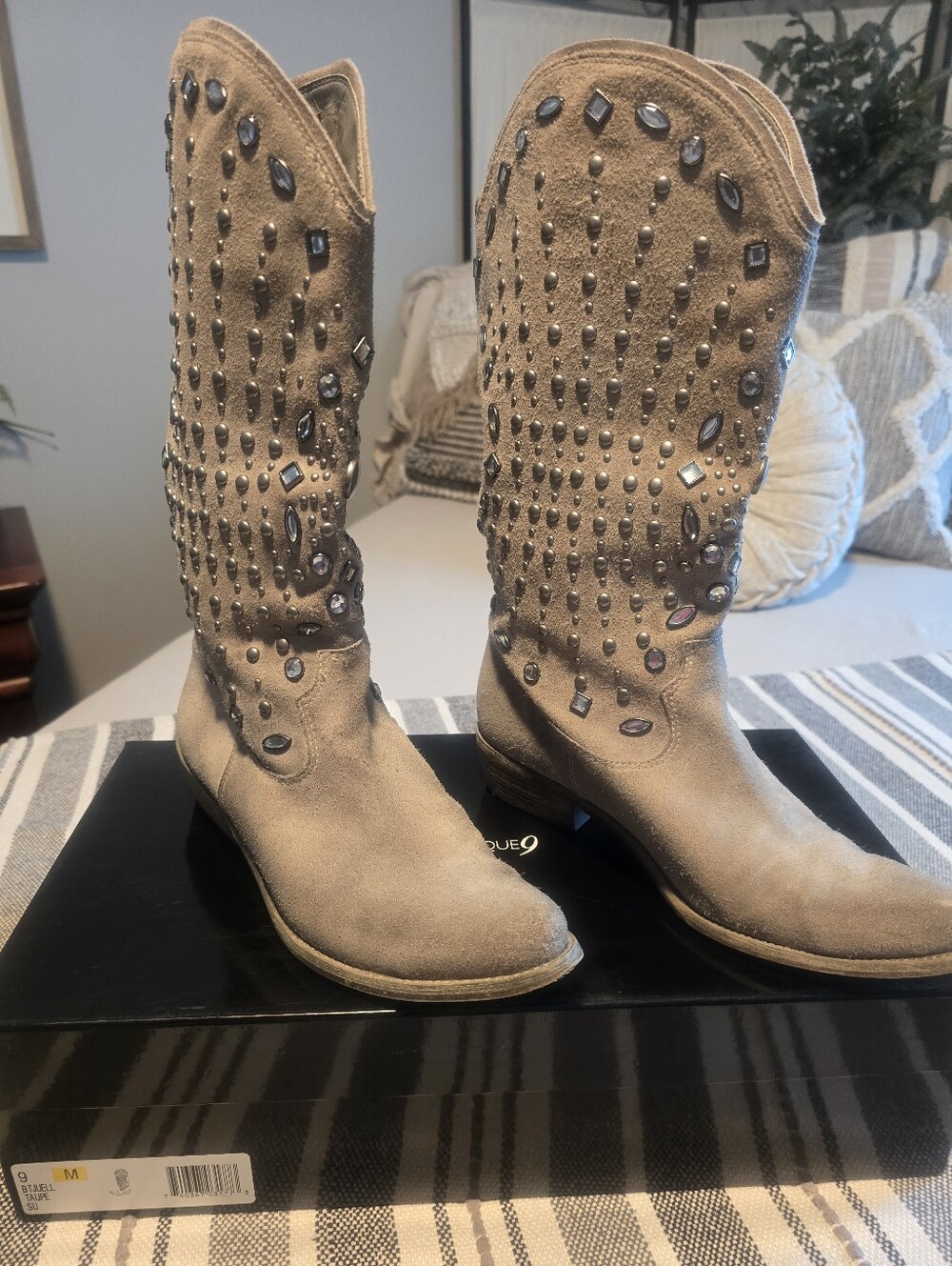 Boutique 9 Taupe Suede Embellished Western Heeled Boots